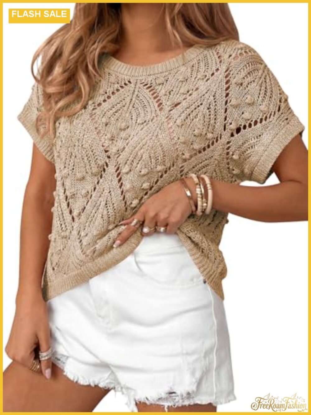 Women's Crochet Short Sleeve Sweater - Boho Pullover, Lightweight Knit Top